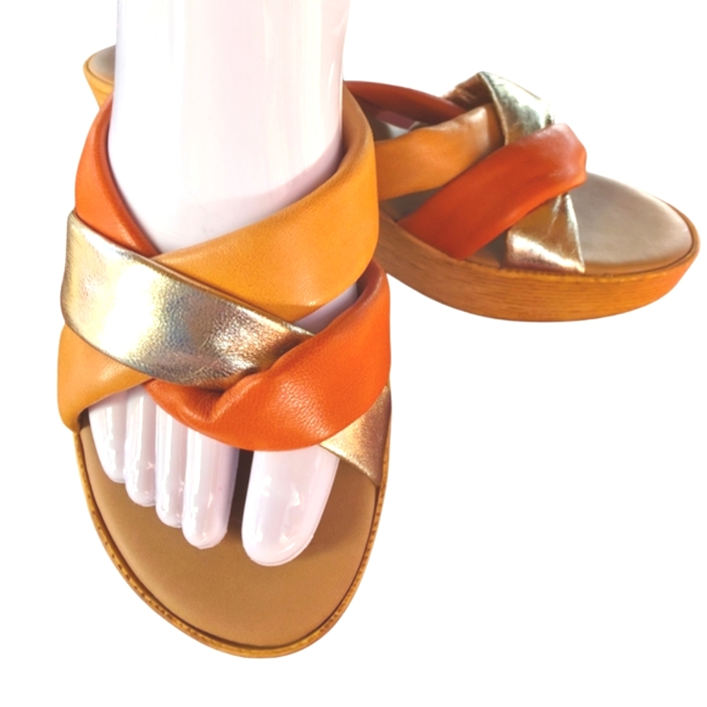 Mila Paoli Italian Leather Wedge Sandals Gold, Burnt & Light Orange NWOT